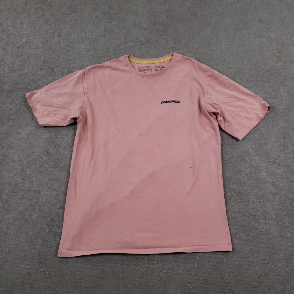 Patagonia T-shirt Mens Small Pink Crew Neck Short Sleeve Graphic Logo Back Print